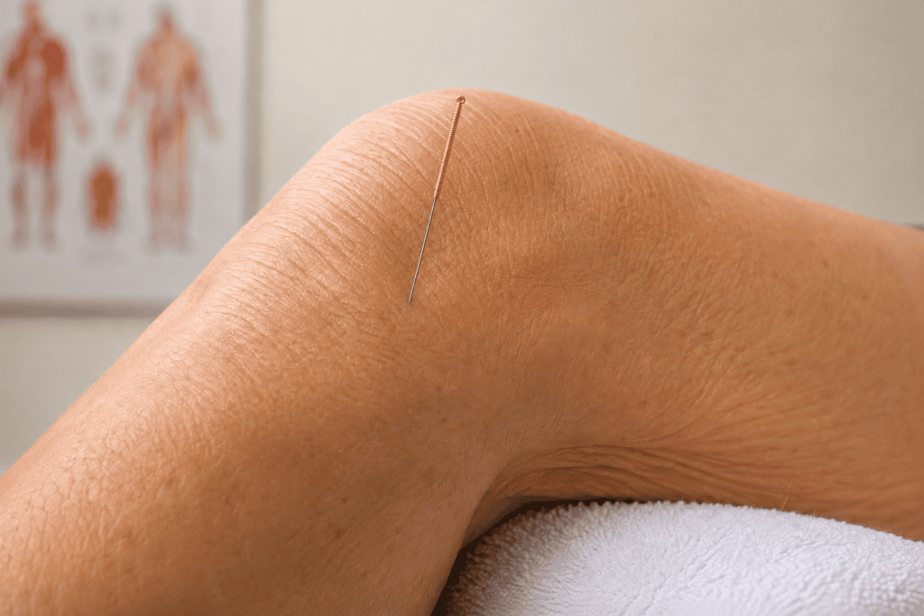 Fine acupuncture needle placed near a joint where blood flow increases and pain signals quiet.