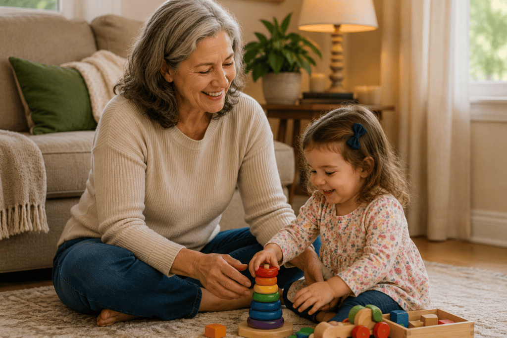 Older woman happily playing on the living room floor with her young granddaughter after easing arthritis pain with acupressure.