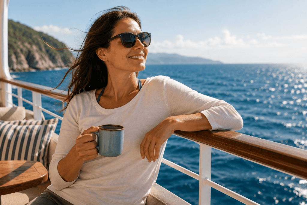 Woman relaxing on the deck of a boat and enjoying the ocean after using natural home remedies to manage sea sickness.