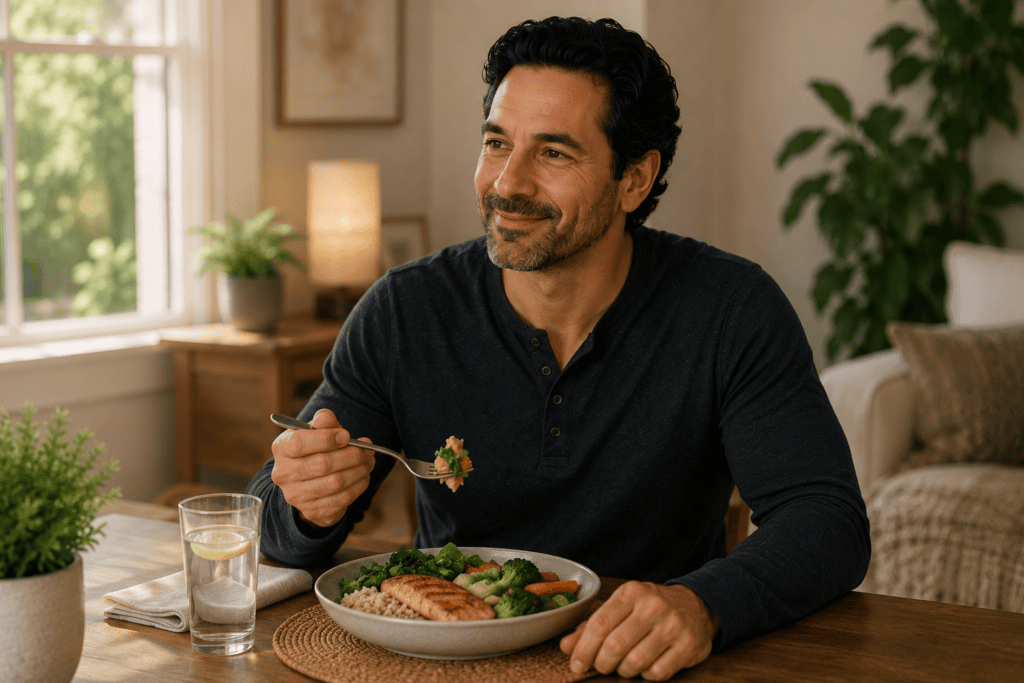 Person sitting comfortably at a table enjoying a meal with ease, looking content and free of discomfort.