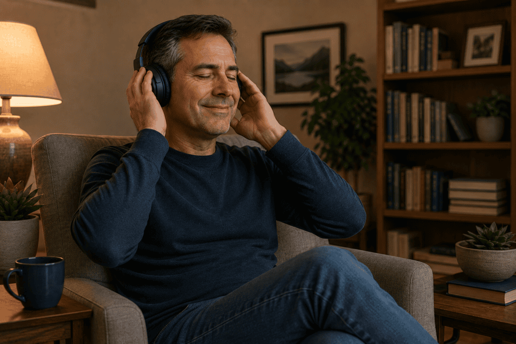 Middle-aged man relaxing at home and happily listening to music with headphones after finding relief from tinnitus.