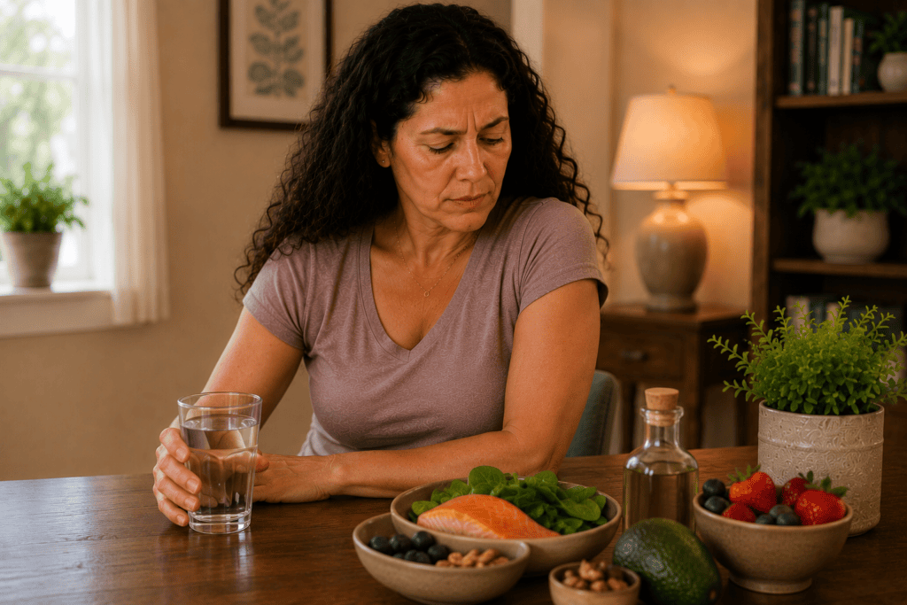 Glass of water and whole foods representing everyday measures that lower inflammation for frozen shoulder.