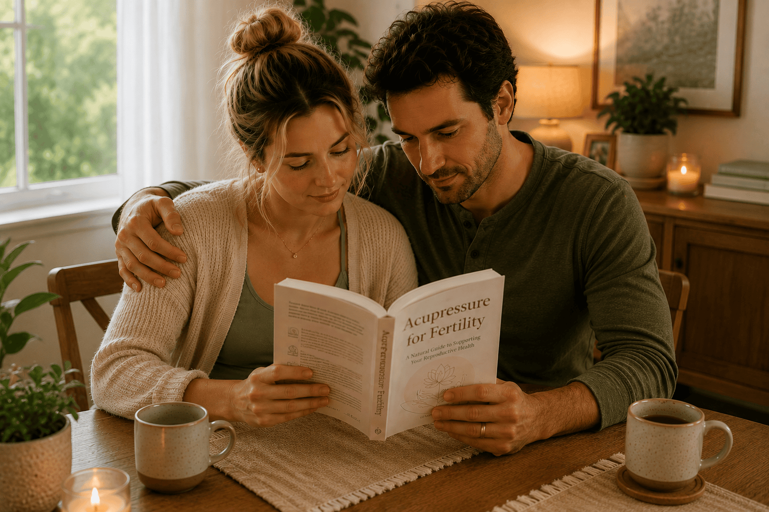 Couple sitting together at home reading a book about acupressure for fertility.