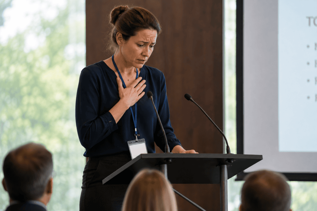 Nervous woman standing at a podium during a presentation, experiencing anxiety and stage fright while speaking to an audience.