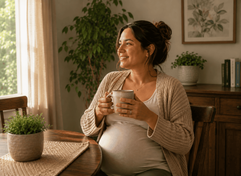 Pregnant woman smiling at her dining room table while enjoying a cup of tea after finding relief from morning sickness.
