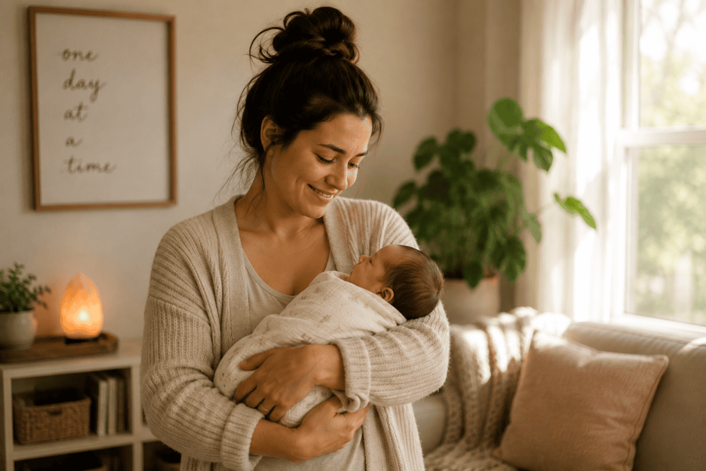 New mother smiling warmly as she cradles her newborn in a bright living room, looking calm and at ease.