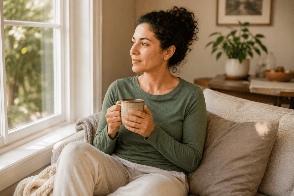 Woman sitting comfortably at home with a warm cup of tea, looking rested and refreshed after a period of recovery.