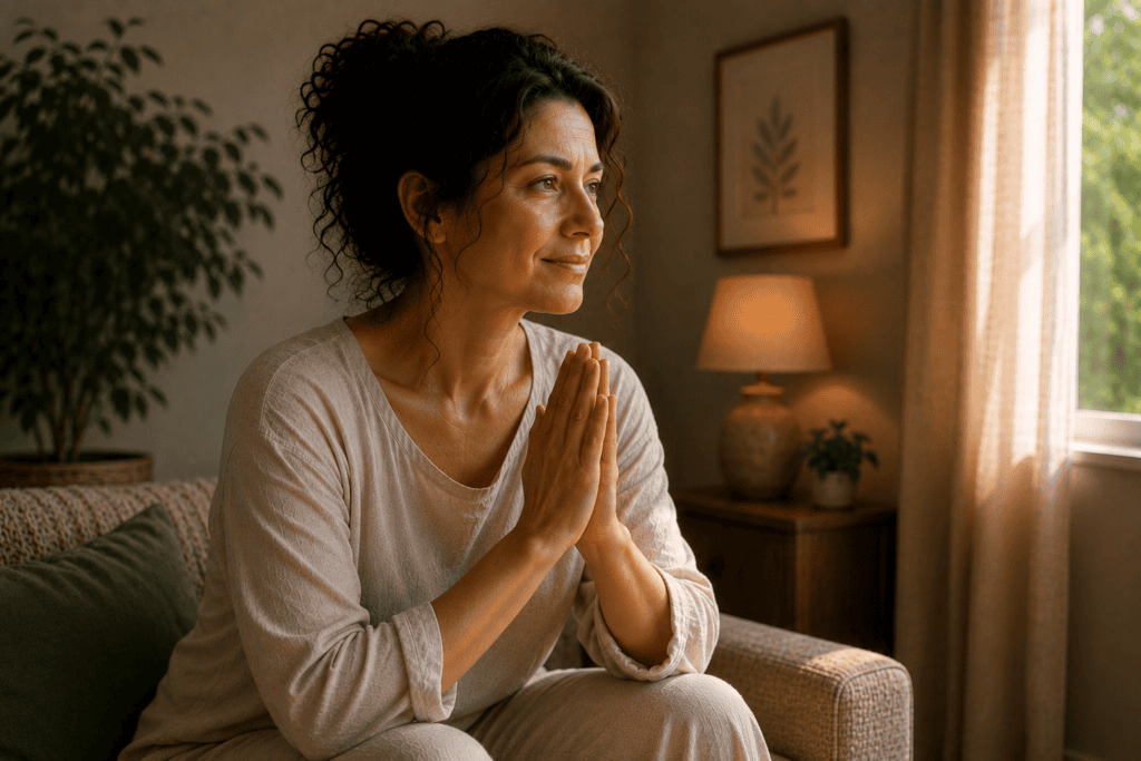 Woman sitting peacefully at home with her hands pressed together, looking hopeful as she moves forward in the process of healing from trauma.