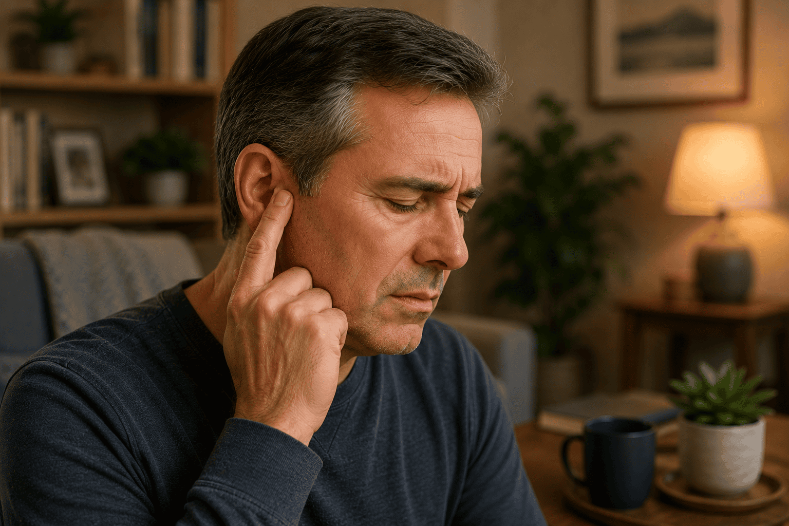 Person pressing a point just in front of the ear to ease the ringing of tinnitus at home.