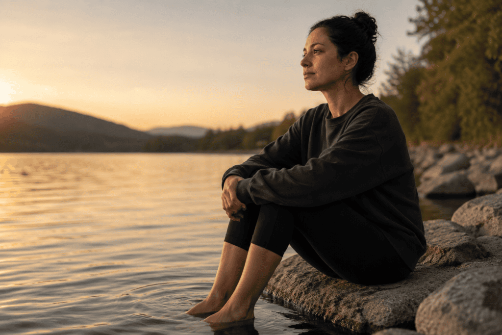 Woman sitting barefoot at the edge of a peaceful lake with her feet in the water, looking toward the distance.