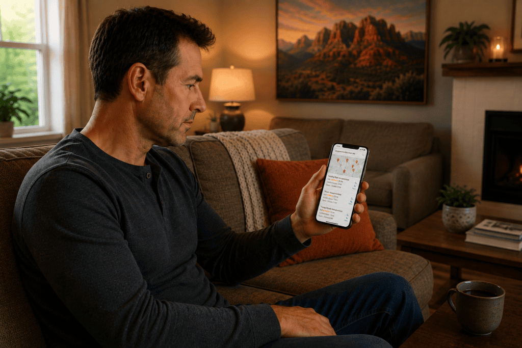 Man at home using his smartphone to search a map and compare nearby acupuncturists.