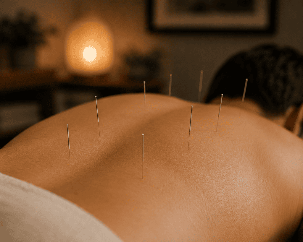 Close-up of fine sterile acupuncture needles placed at specific points on a patient during treatment.