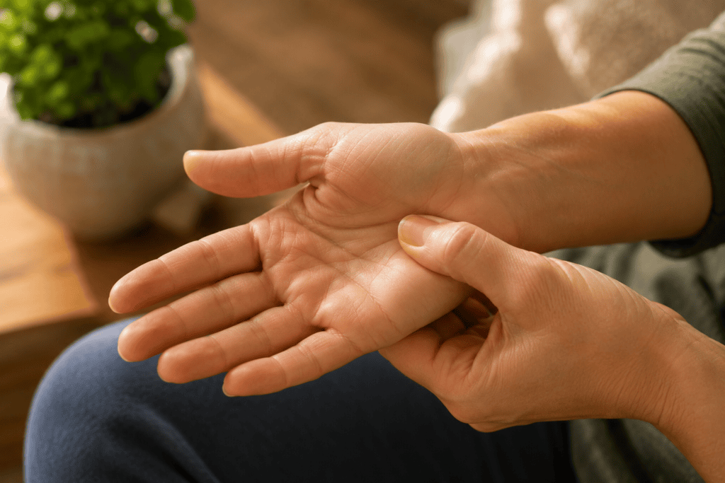 Close-up of a thumb pressing an acupressure point with steady, comfortable pressure.