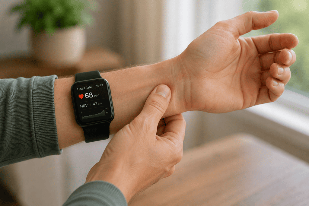 Person wearing a fitness tracker or smartwatch while pressing an adjacent acupressure point, showing modern measurement alongside the traditional practice.