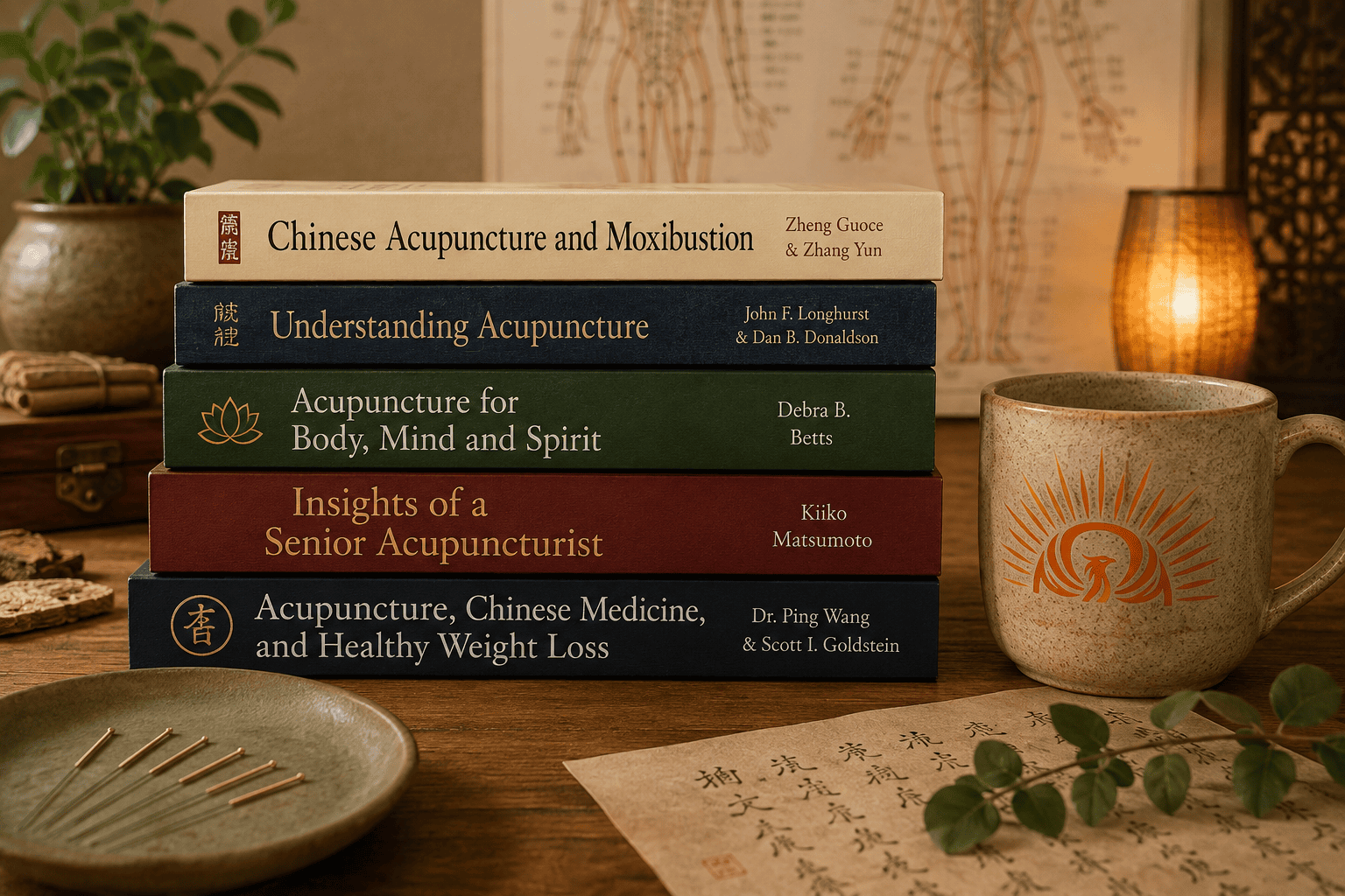 A stack of five acupuncture books on a wooden desk beside a ceramic mug displaying the Above & Beyond Acupuncture phoenix logo, with acupuncture needles and a meridian chart in the background.