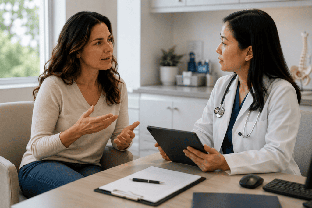 Woman discussing a specific health concern with a physician during a conventional medical appointment.