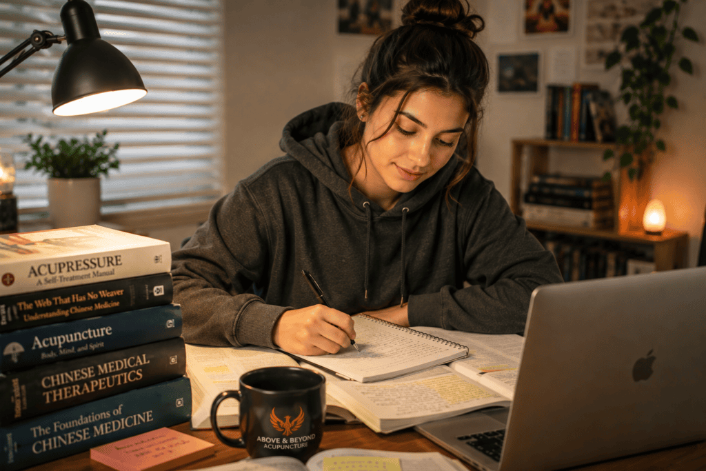 Student working steadily at a desk with a calm, clear, focused expression during study.