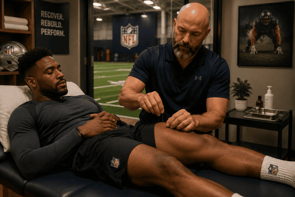 Generic professional football player in athletic recovery attire receiving acupuncture or dry needling treatment on the leg after a training session.