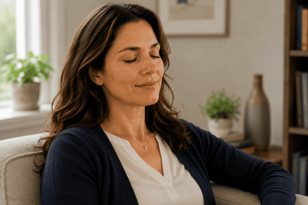 Person looking relaxed and relieved after their tension headache has eased, calm and at ease.