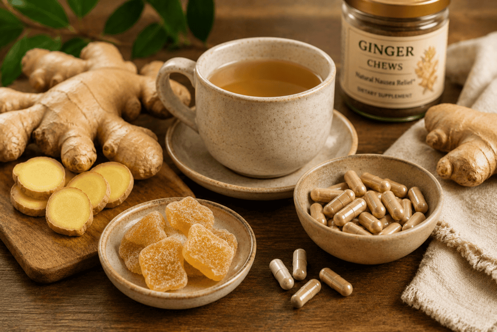 Fresh ginger root, ginger tea, ginger capsules, and ginger chews arranged as natural remedies for sea sickness nausea.