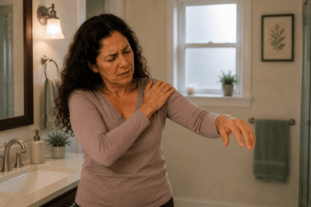 Woman with frozen shoulder struggling to raise her left arm in the bathroom while holding her painful shoulder.