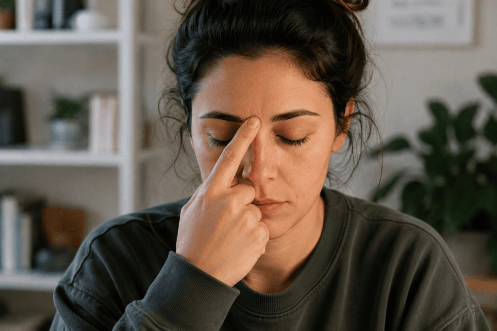 Person pressing the point between the eyebrows with eyes closed to settle and sharpen concentration.
