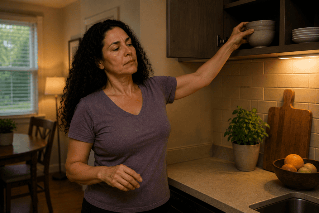 Person gently using their shoulder during an everyday task to keep the joint mobile.