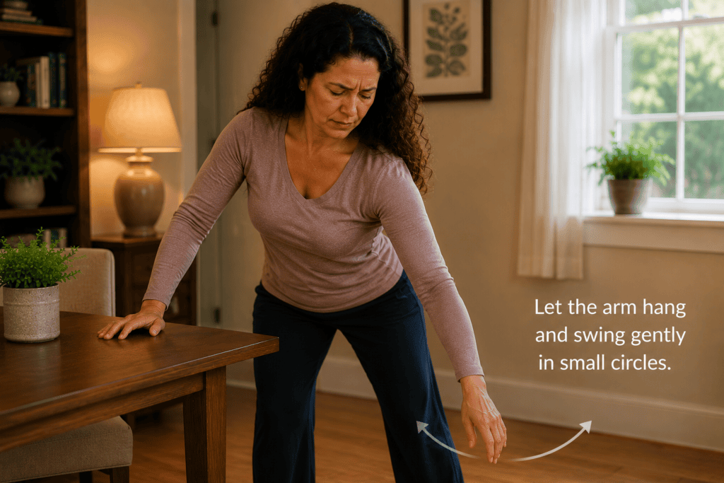 Person performing a pendulum swing exercise, letting the affected arm hang and swing gently for frozen shoulder.