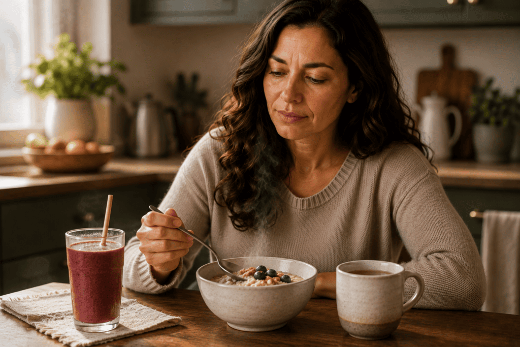Woman choosing a warm breakfast and tea instead of a cold smoothie.