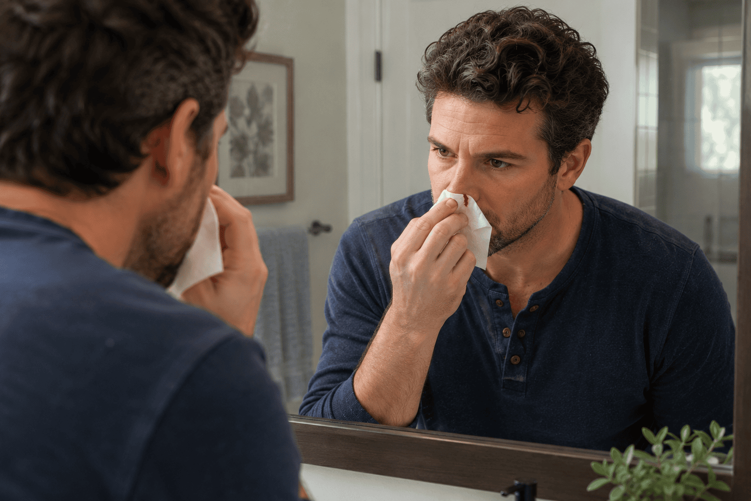 Man standing in a bathroom looking in the mirror while holding a tissue with a small amount of blood against his nose.