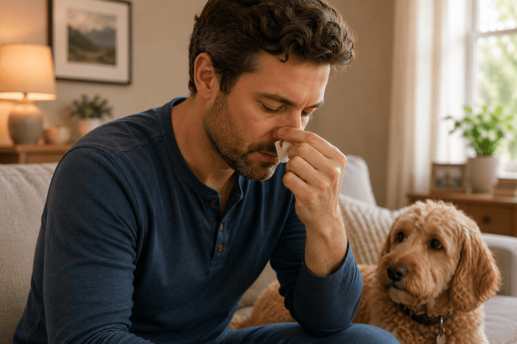Person leaning slightly forward and pinching the soft part of their nose to stop a nosebleed at home.