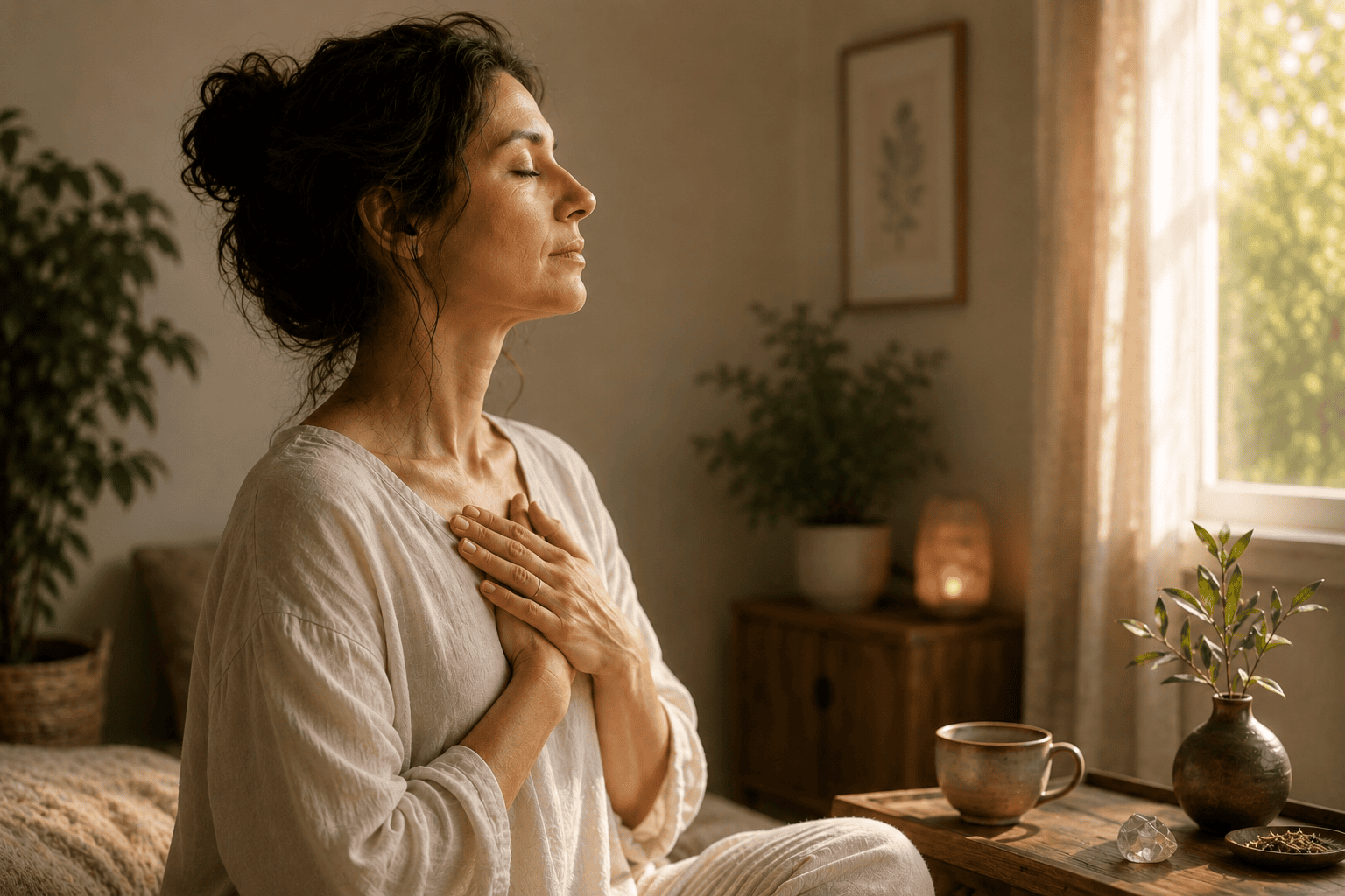 Woman sitting quietly at home with her hands over her heart during a peaceful moment of emotional and physical healing from trauma.