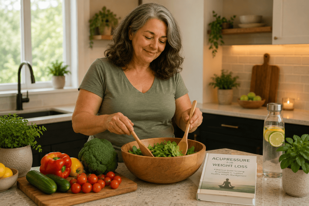 Postmenopausal woman happily preparing a healthy meal in her kitchen with an acupressure for weight loss book on the counter.