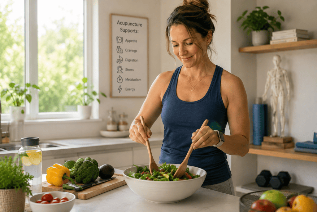 Woman preparing a fresh salad in a bright home kitchen as part of a balanced approach to healthy weight management.
