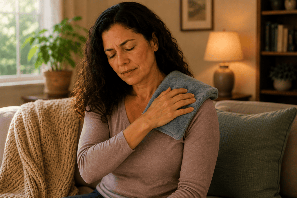 Person applying a warm heat pack to their shoulder before doing gentle stretches.