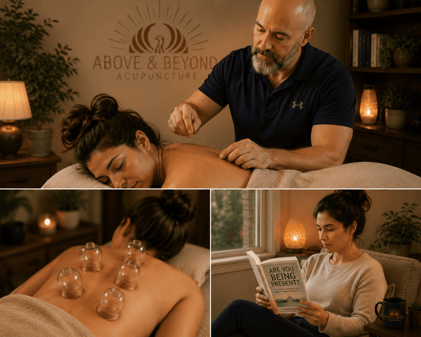 Woman receiving acupuncture and cupping therapy at Above and Beyond Acupuncture and reading a mindfulness book as part of a holistic approach to anxiety, stress, and depression.