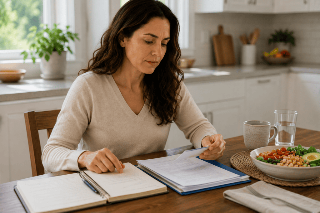 Woman organizing different parts of her healthcare at home, representing complementary and holistic care.