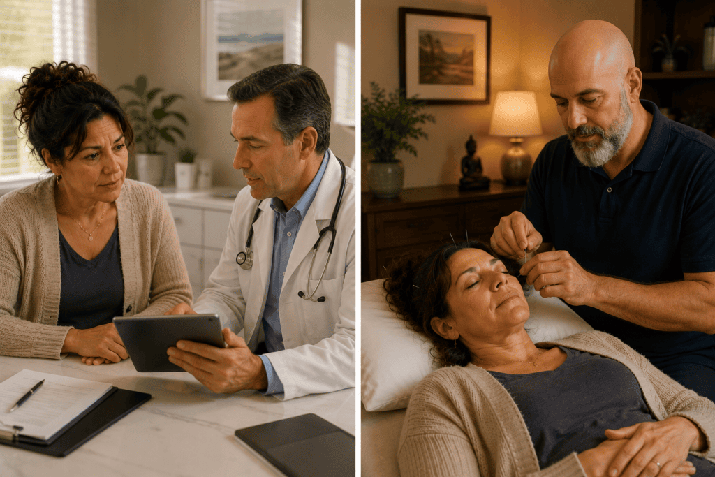 Physician and licensed acupuncturist in coordinated consultation with a patient discussing the appropriate role of acupuncture alongside conventional care.