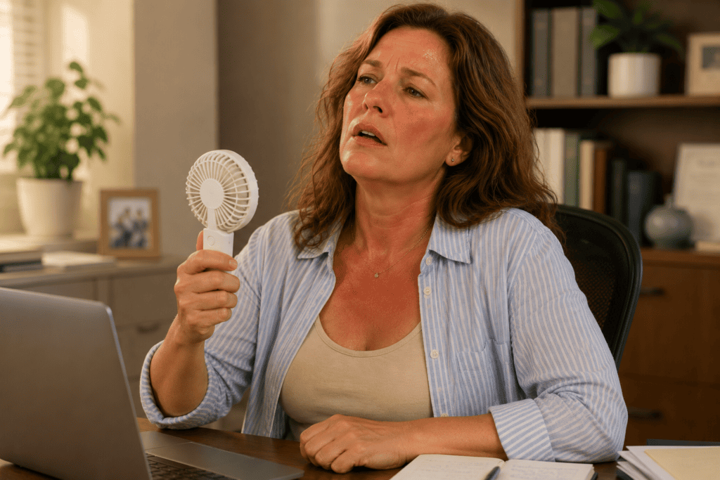 Woman in menopause experiencing a hot flash at her desk, using a portable electric fan to cool her flushed face.