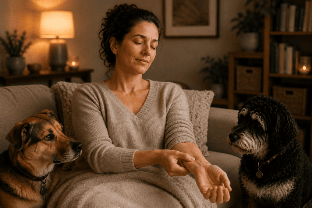 Person receiving beneficial effects from acupressure including nervous system regulation and improved circulation.