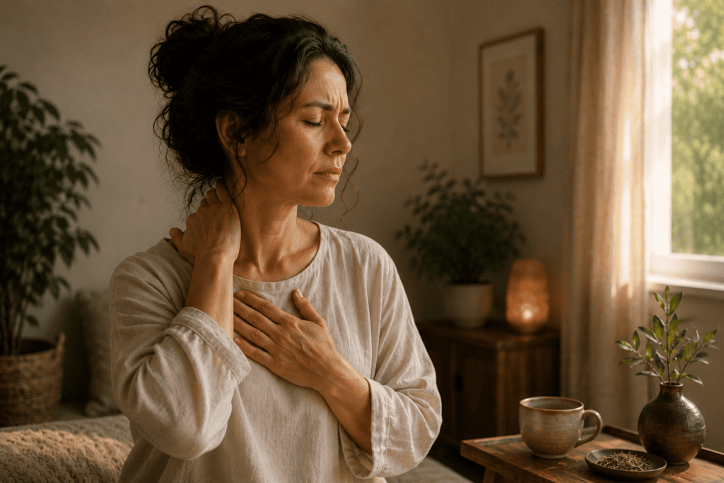 Woman experiencing tightness in her chest and chronic neck tension as physical manifestations of unresolved trauma.