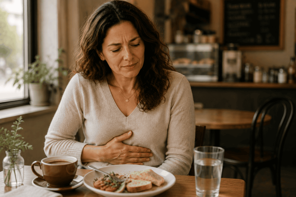 Woman sitting at a café after a meal with her hand on her upper abdomen, experiencing discomfort from indigestion.
