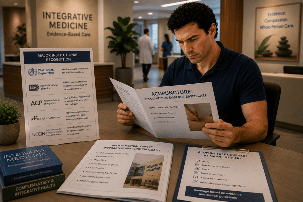 Major medical institution recognizing acupuncture as evidence-based treatment through integrative medicine programs and insurance coverage.