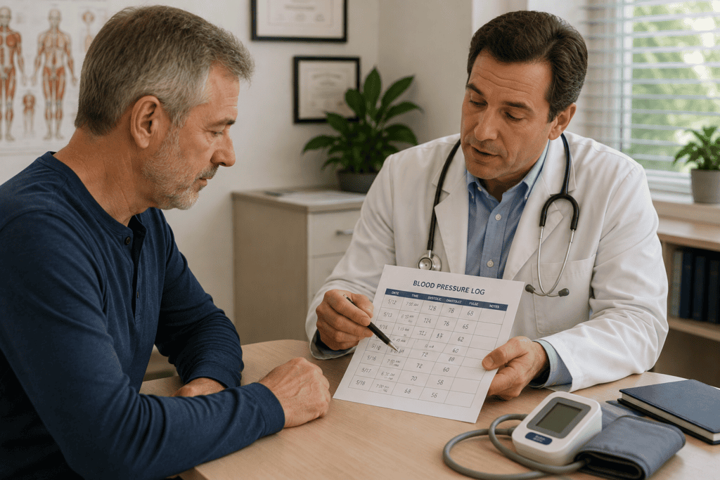 Person reviewing their blood pressure readings with a physician during a consultation.