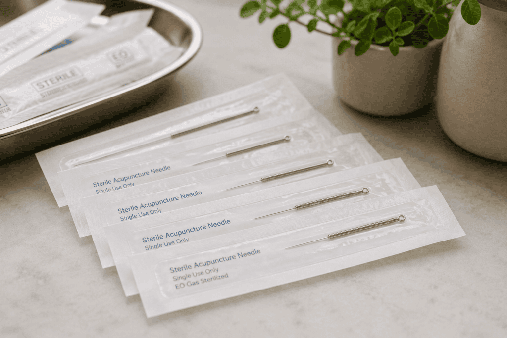 Sealed single-use sterile acupuncture needles in their packaging, representing the standard that keeps infection risk extremely low.