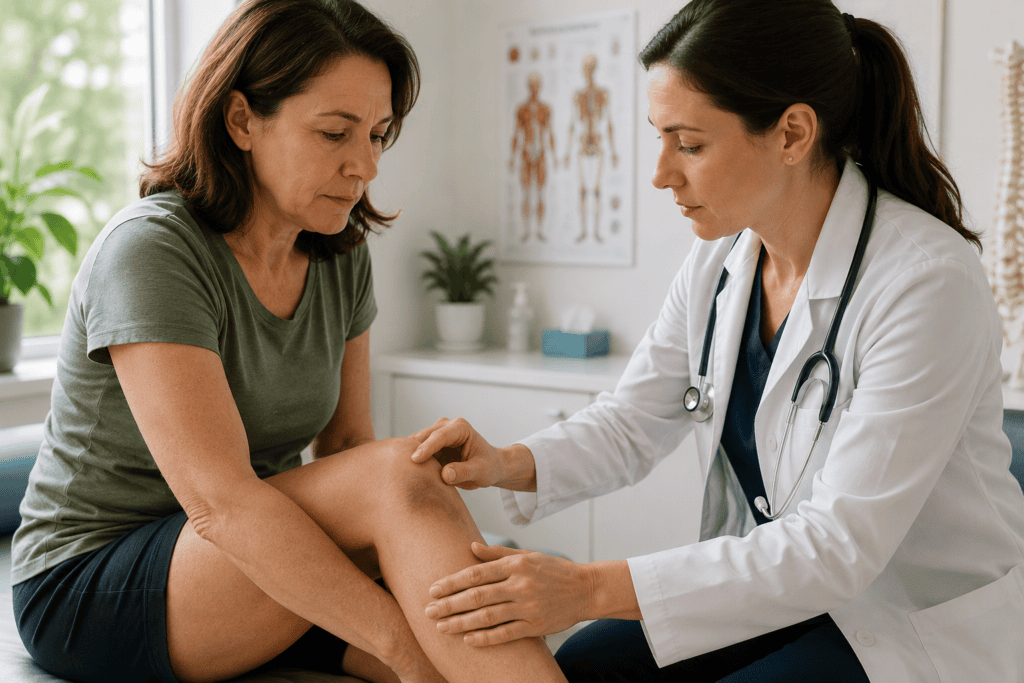 Person having a bruise or injury examined by a healthcare provider in a bright office.