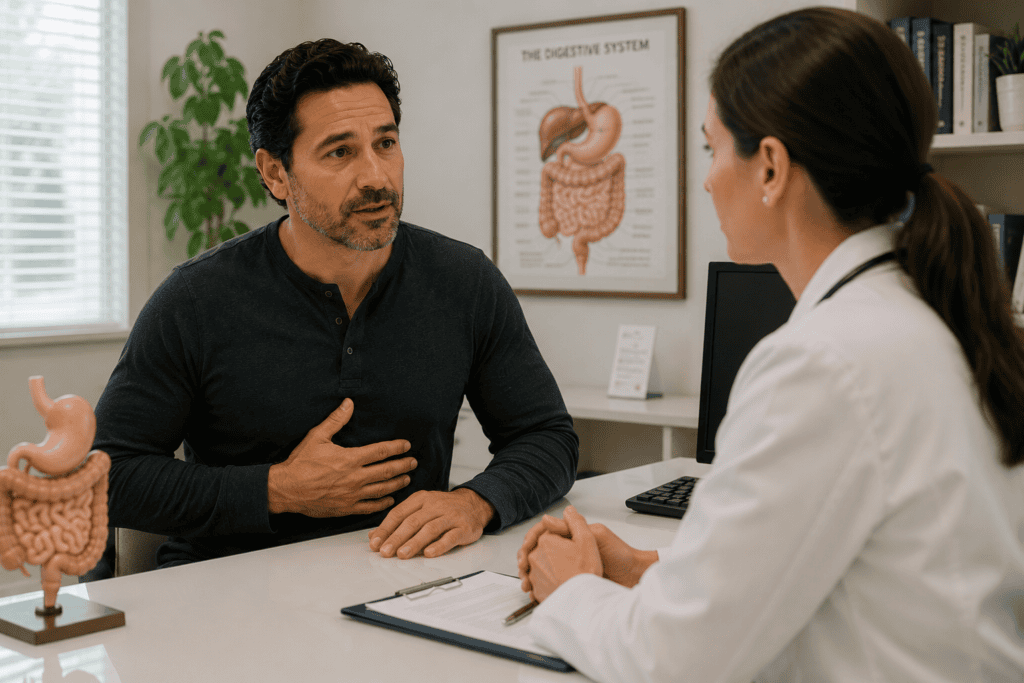 Person consulting with a physician about persistent digestive symptoms in a bright office.