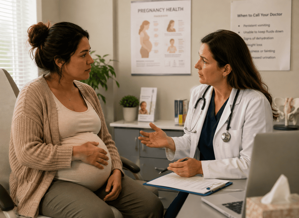 Pregnant woman speaking with her physician about severe or persistent nausea during pregnancy.