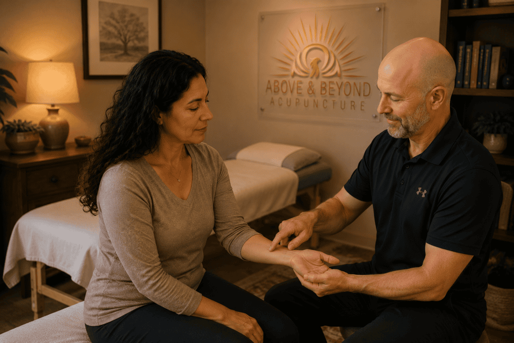 Licensed acupuncturist showing a woman how to accurately locate the PC6 acupressure point on her inner forearm.