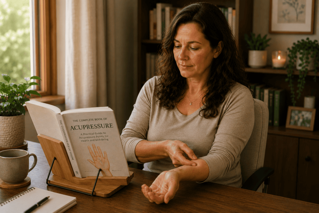Woman using an acupressure book on a desk stand while practicing PC6 acupressure on her inner forearm at home.